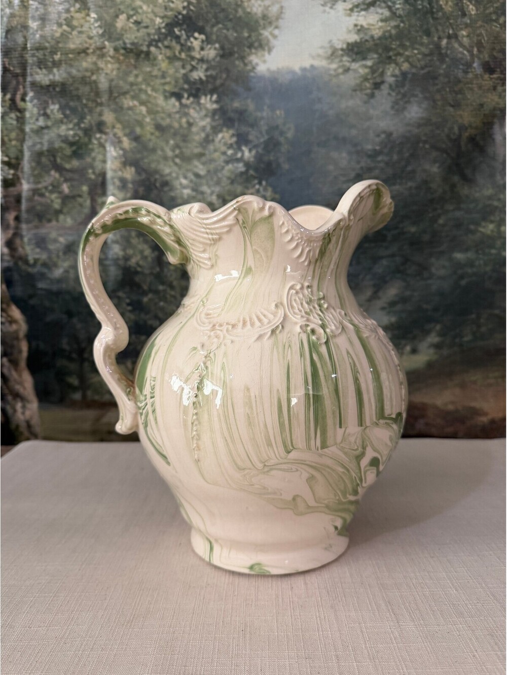 Green and Cream Art Pottery Pitcher